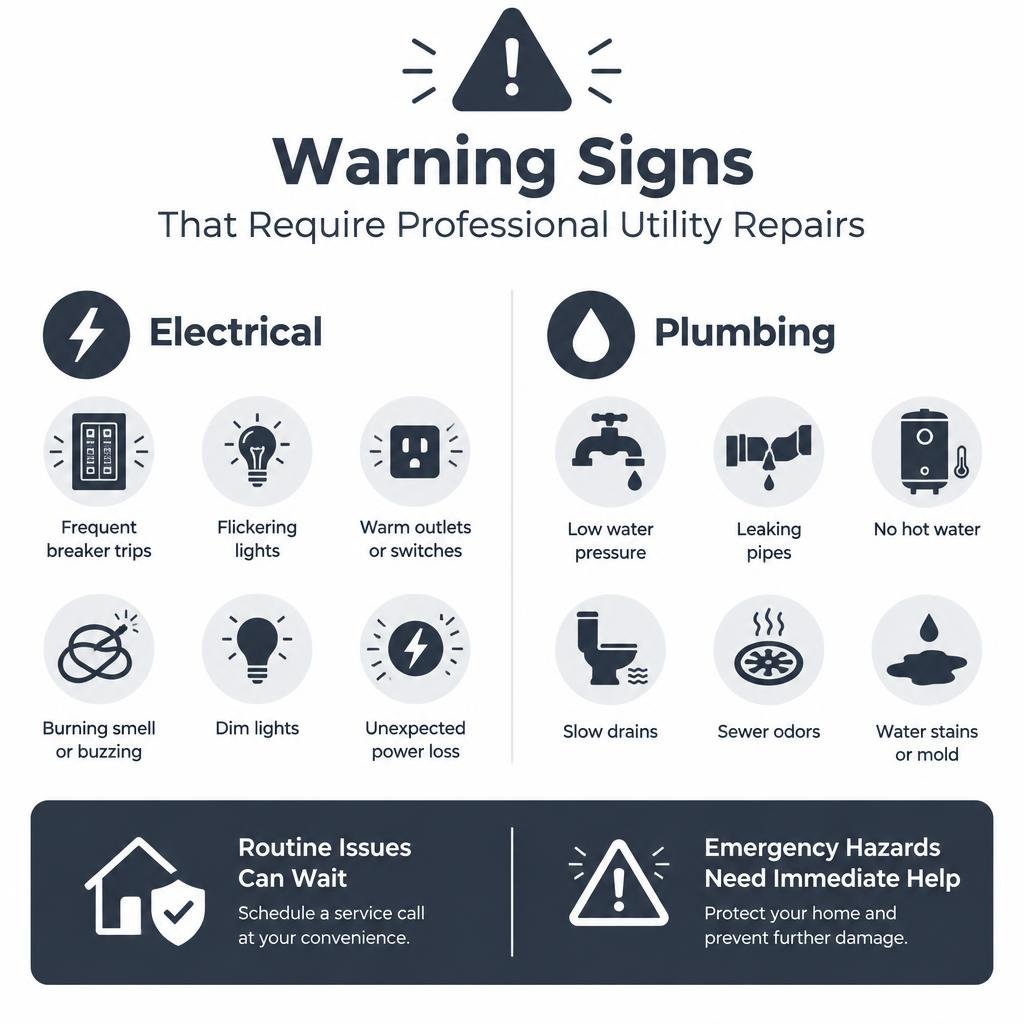 warning signs requiring professional utility repairs infographic